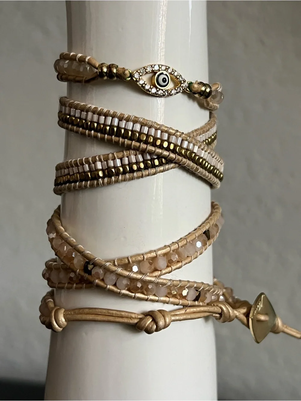 Nakamol Gold and Beige Beaded Wrap Bracelet with Evil Eye Charm